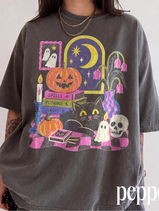 Gildan Tops - Halloween Graphic T-Shirt - Black with Neon Print